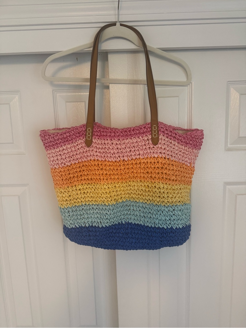 INC International Concepts Rainbow Striped Crochet Tote with Brown Handles